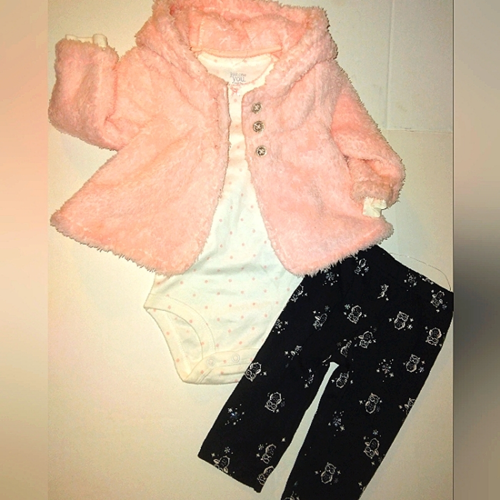 NWT☆Adorable Winter CARTER'S Baby Girl Owl Pink 3Pc Coat Pant Bodysuit Set
